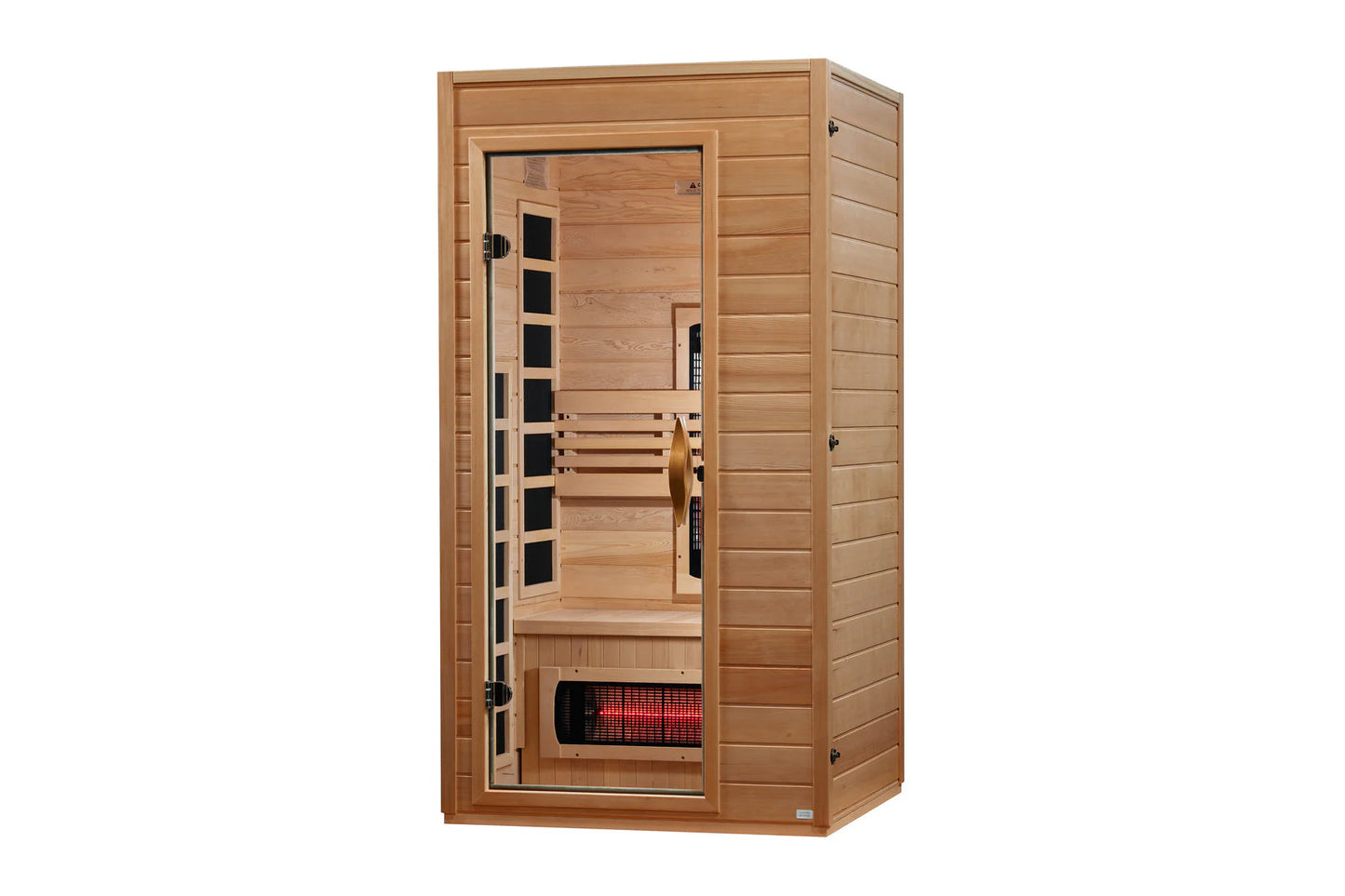 Golden Designs Martin infrared sauna with light wood construction, glass door panel, interior wooden benches, and red heating