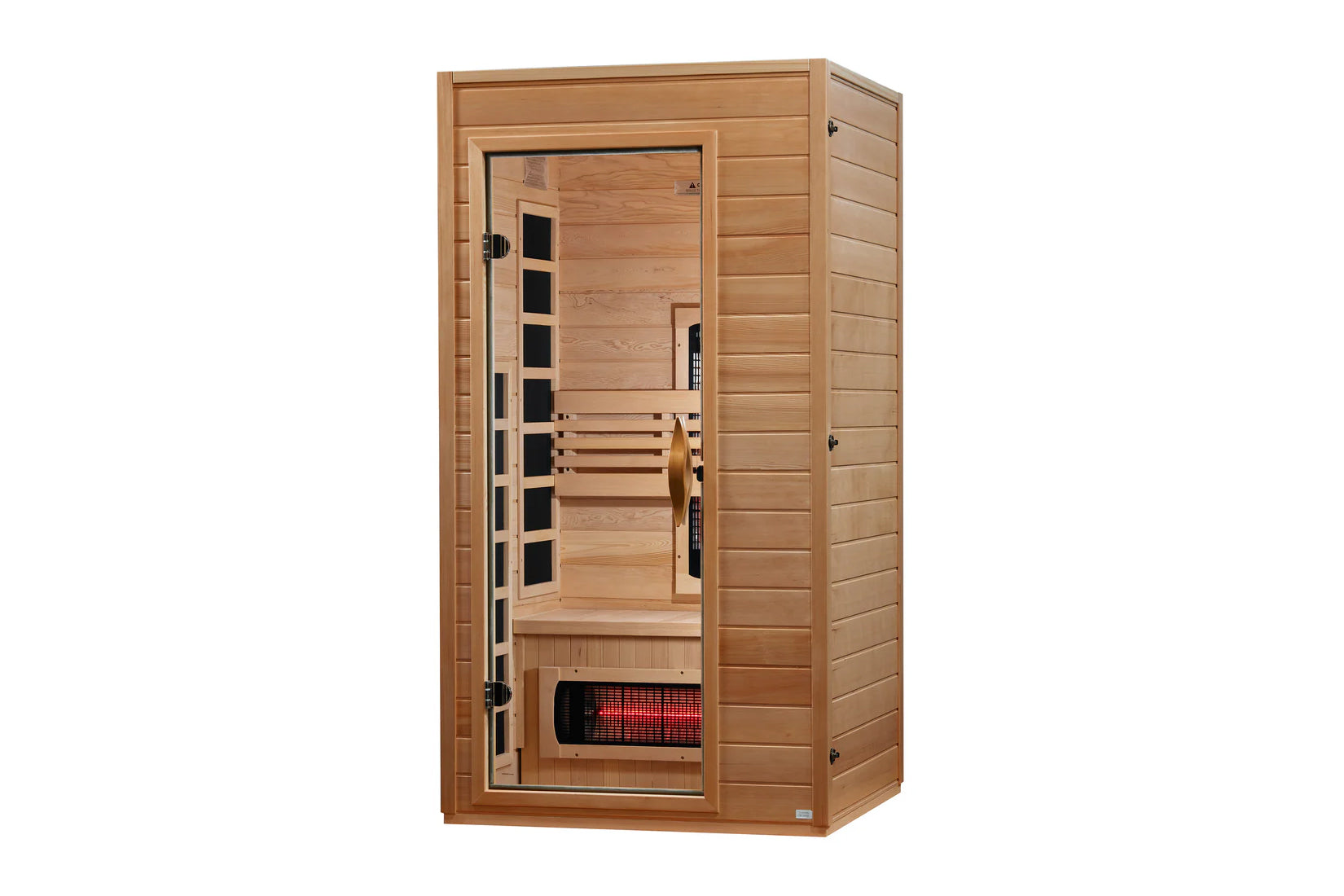 Golden Designs Martin infrared sauna with light wood construction, glass door panel, interior wooden benches, and red heating