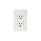 White dual electrical outlet with two receptacles mounted on light gray wall plate