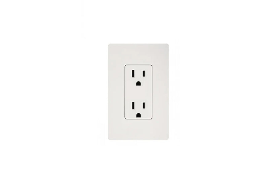 White dual electrical outlet with two receptacles mounted on light gray wall plate
