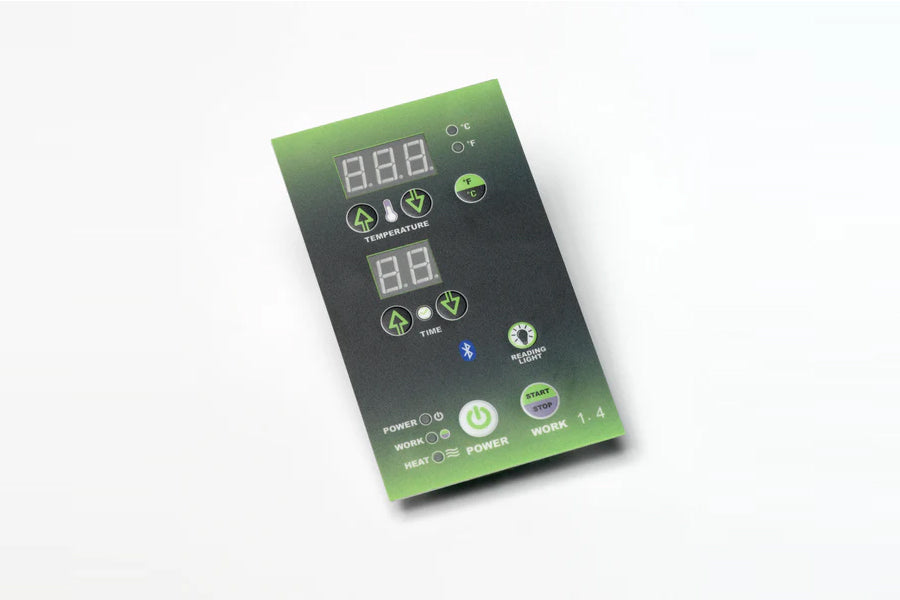 Digital control panel for sauna with green and black gradient design, displaying temperature and time settings, power button,