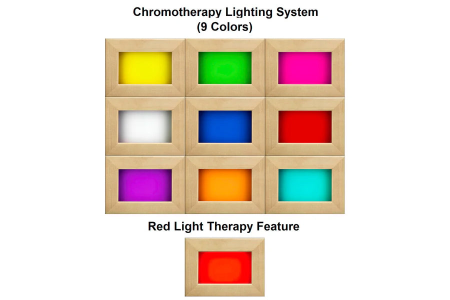 Chromotherapy lighting system with 9 color options in wooden frame grid displaying yellow, green, magenta, white, blue, red, 