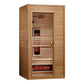 Golden Designs Martin infrared sauna cabin in light wood with glass door, red heating elements visible inside, and wooden ben