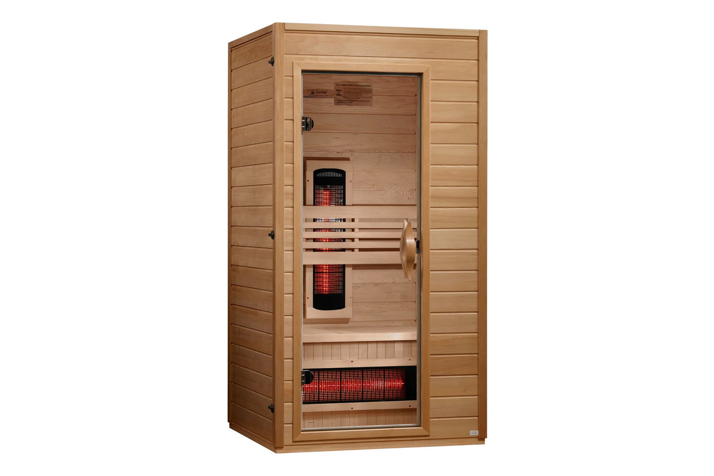 Golden Designs Martin infrared sauna cabin in light wood with glass door, red heating elements visible inside, and wooden ben