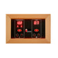 Sauna control panel with wooden frame featuring dual digital displays showing temperature at 102°F and timer at 0.0, with red