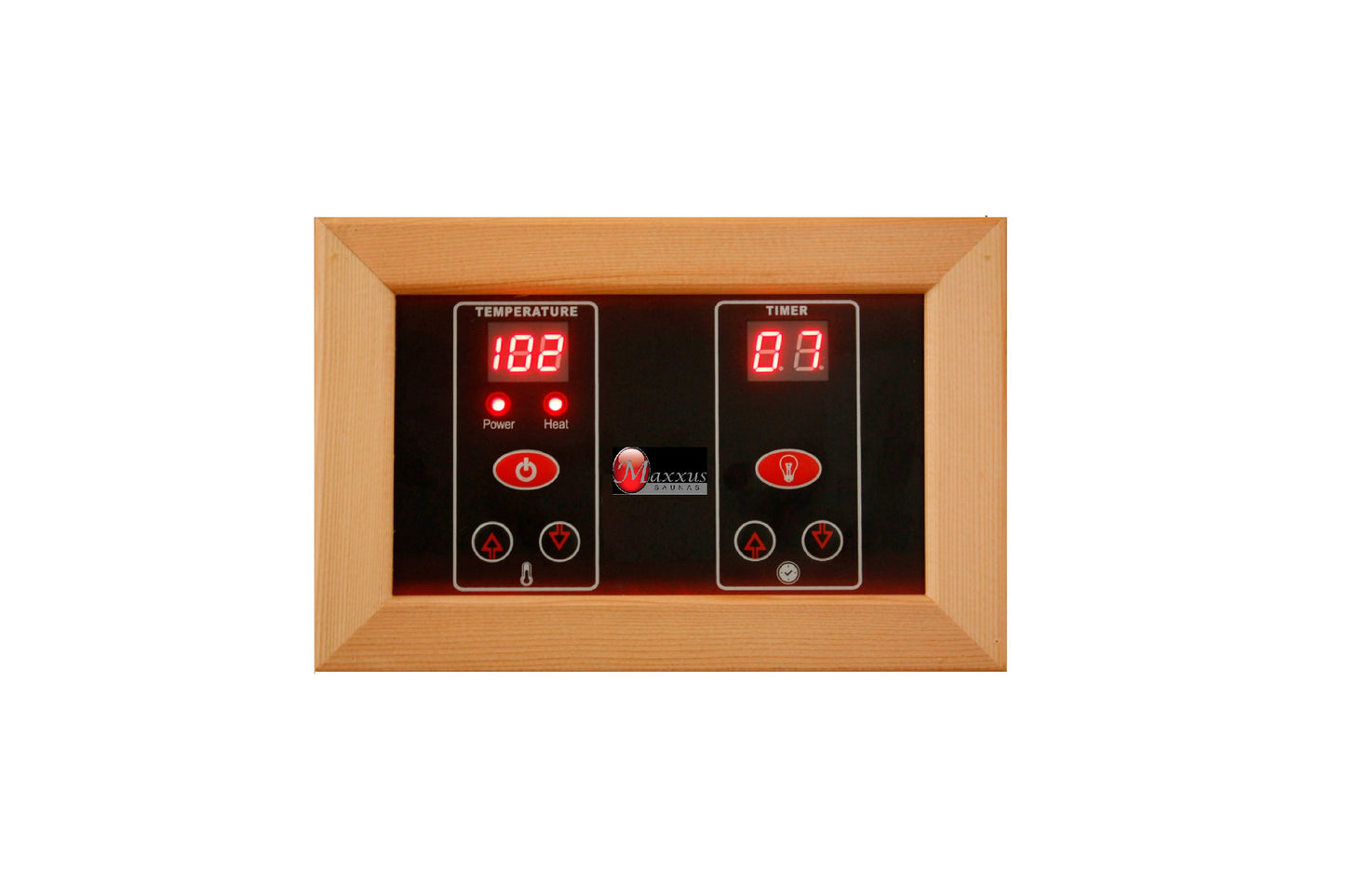 Sauna control panel with wooden frame featuring dual digital displays showing temperature at 102°F and timer at 0.0, with red