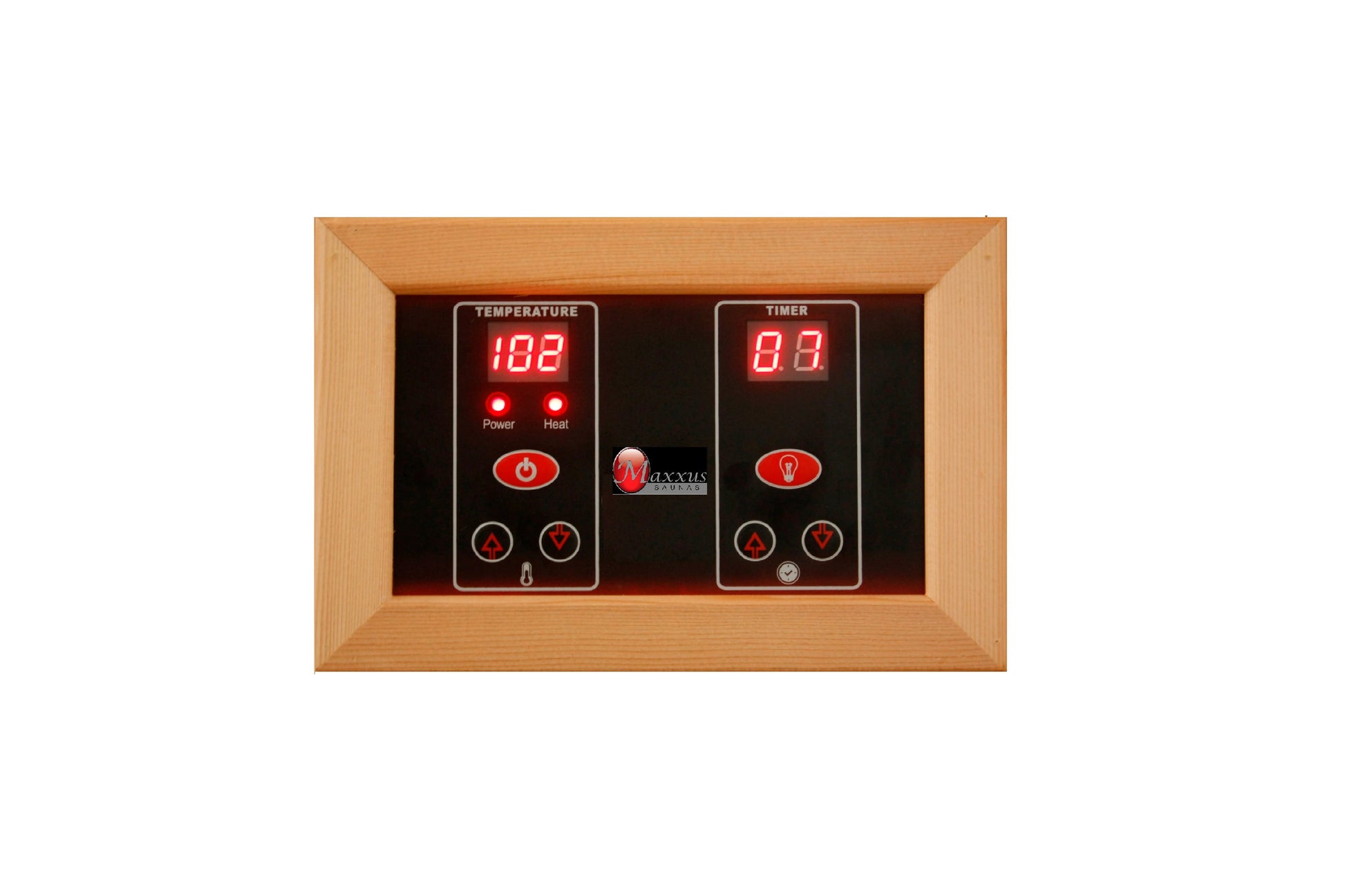 Sauna control panel with wooden frame featuring dual digital displays showing temperature at 102°F and timer at 0.0, with red