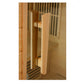 Natural wood sauna door handle in light ash finish with rounded cylindrical design mounted on wooden door frame