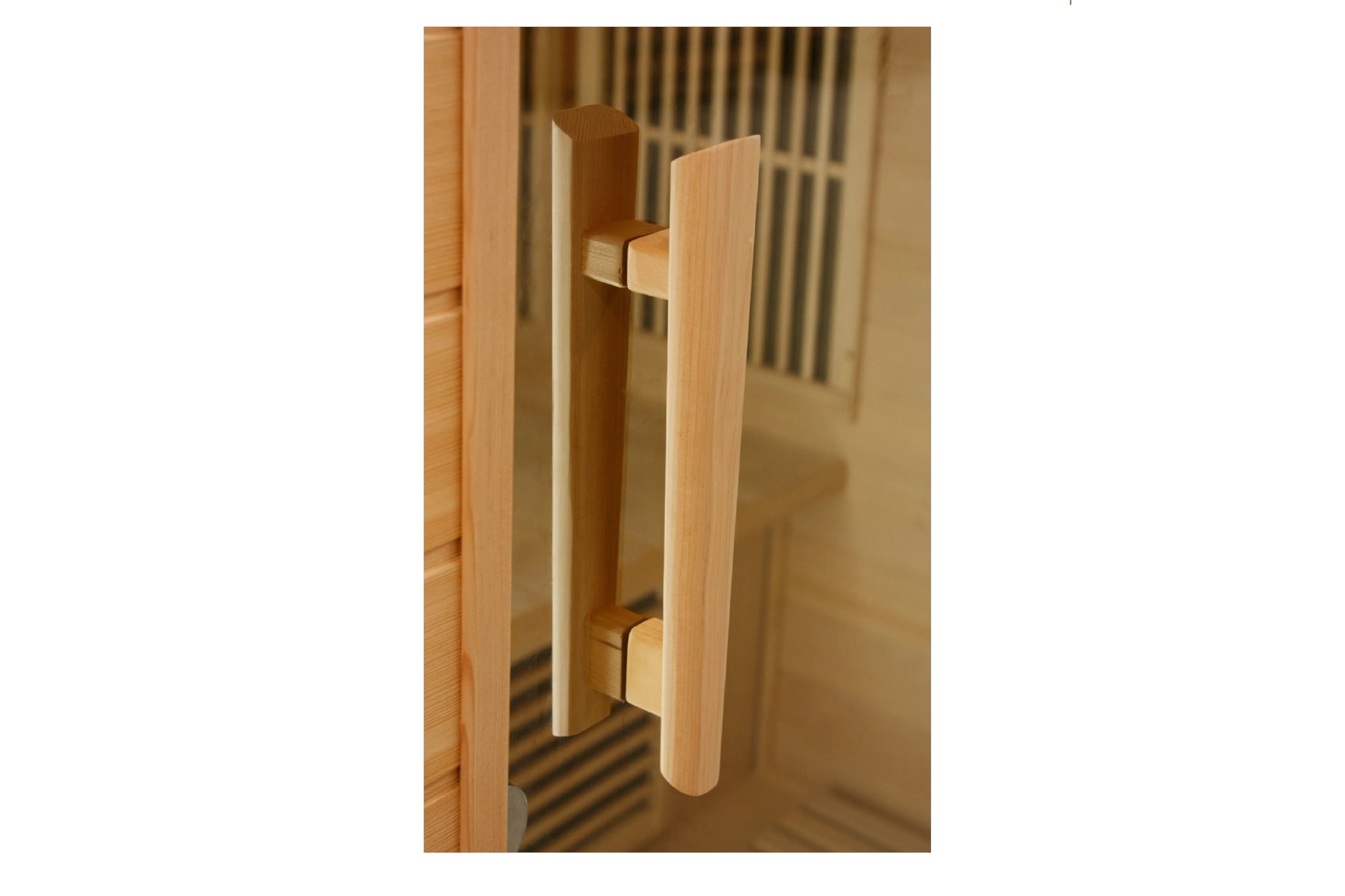 Natural wood sauna door handle in light ash finish with rounded cylindrical design mounted on wooden door frame
