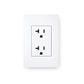 White duplex electrical outlet with two receptacles and black slot details on white background