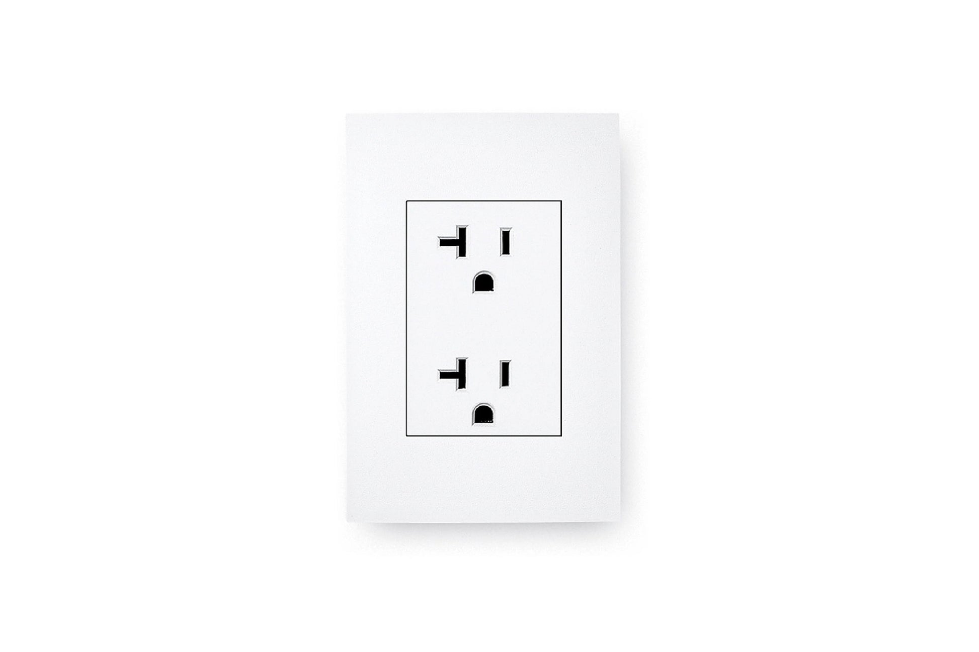 White duplex electrical outlet with two receptacles and black slot details on white background