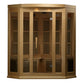 Maxxus 3-person corner infrared sauna with light wood construction and vertical slat vents on white background
