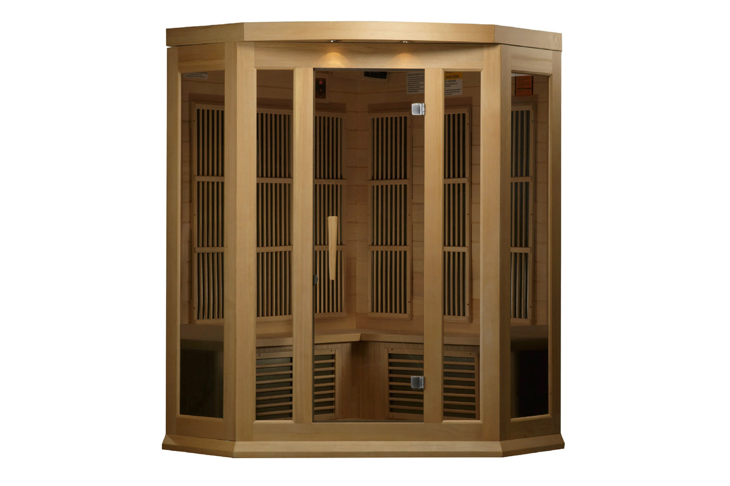 Maxxus 3-person corner infrared sauna with light wood construction and vertical slat vents on white background