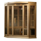 Light wood corner infrared sauna cabin with glass doors, vertical slat panels, digital control panel, and ventilation grilles