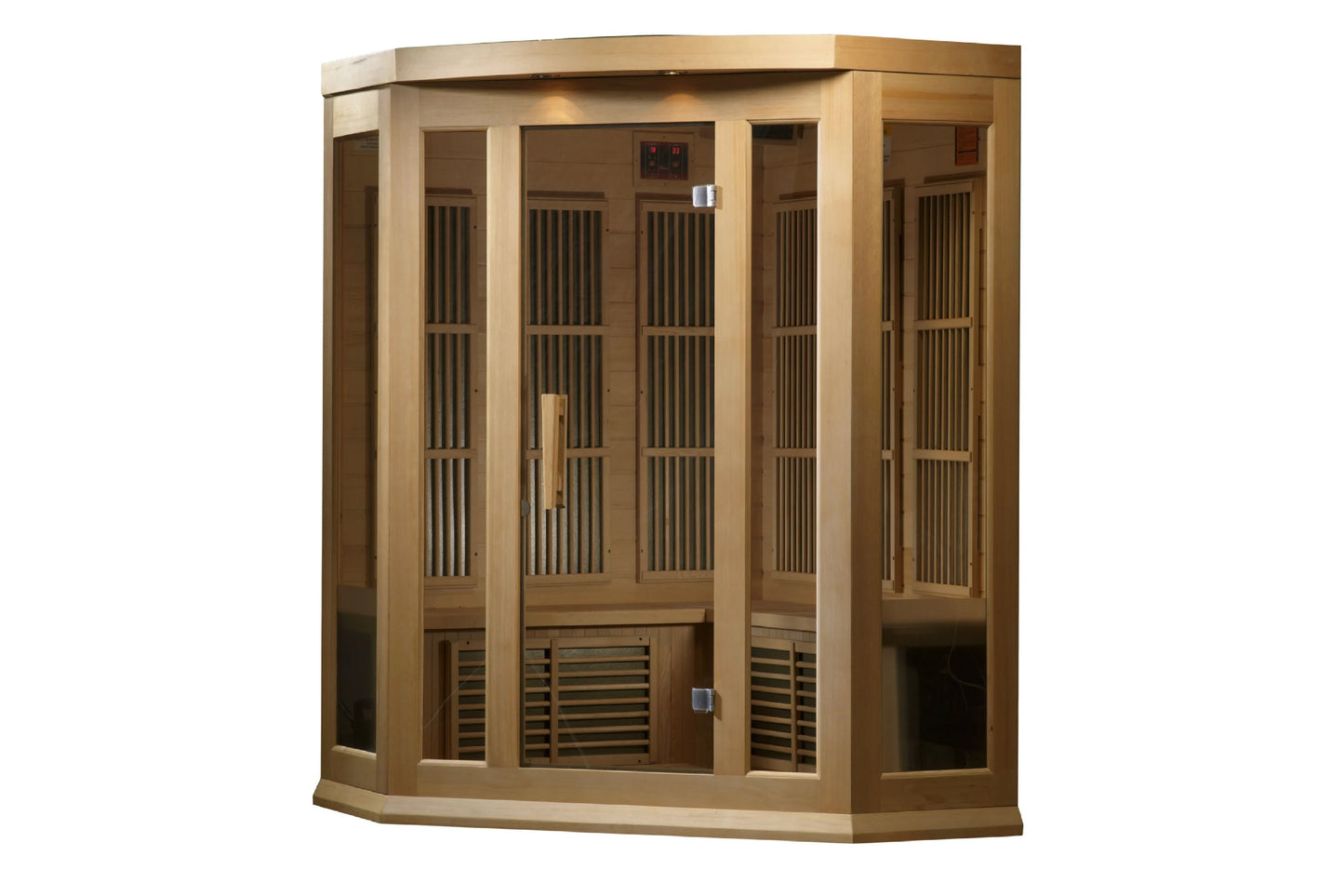 Light wood corner infrared sauna cabin with glass doors, vertical slat panels, digital control panel, and ventilation grilles