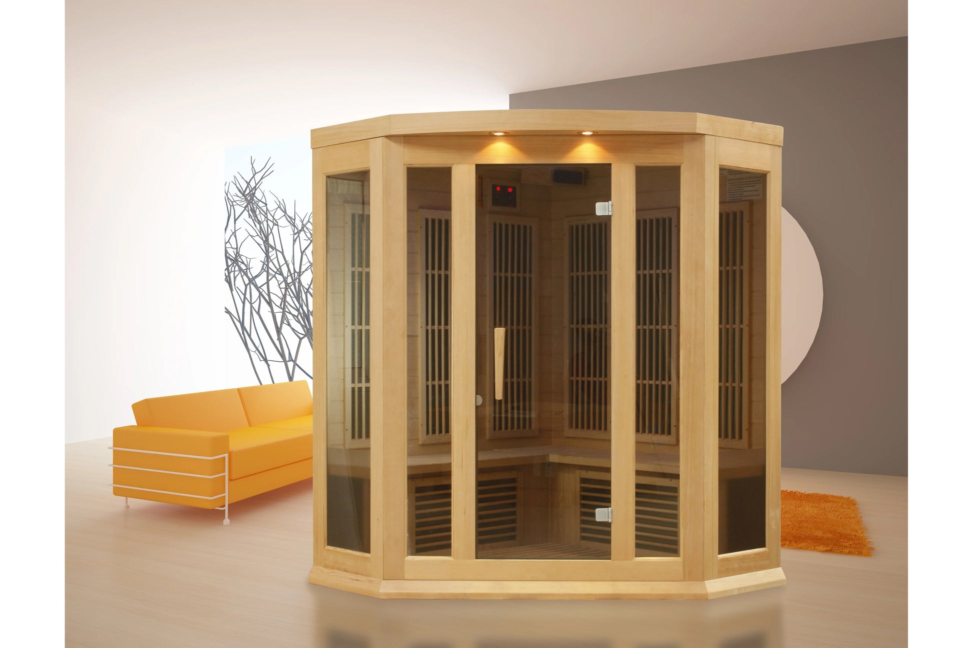 Natural wood corner infrared sauna with glass panels and wooden interior, displayed in modern living room with orange sofa