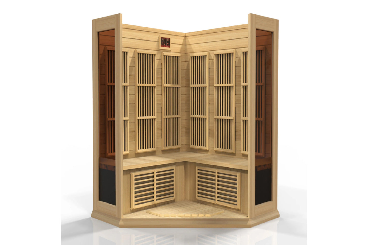 Natural wood corner sauna with vertical slat panels, wooden benches, lower ventilation louvers, and control panel, on white b