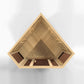 Natural wood 3-person corner sauna with peaked roof design, ventilation grates, and brown interior seating viewed from front 