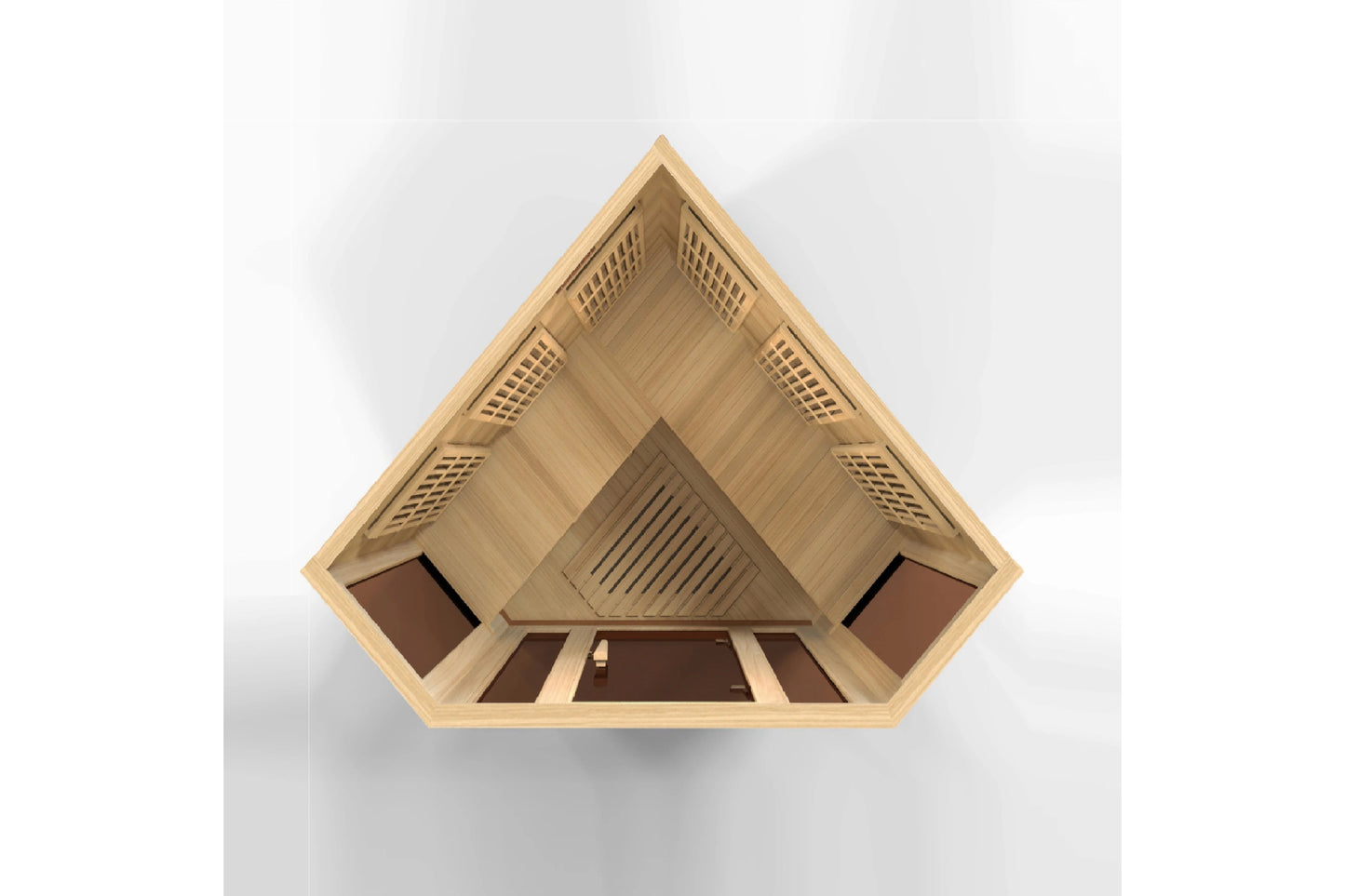 Natural wood 3-person corner sauna with peaked roof design, ventilation grates, and brown interior seating viewed from front 