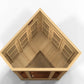 Natural wood corner sauna with peaked roof design and ventilation grilles, angled overhead view on white background