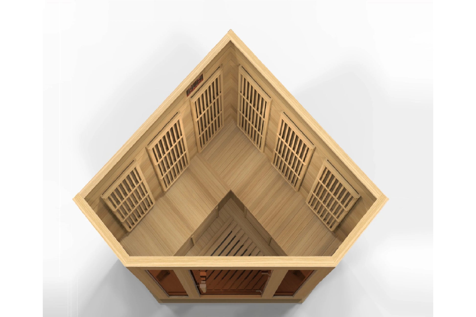 Natural wood corner sauna with peaked roof design and ventilation grilles, angled overhead view on white background
