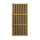 Natural wood sauna door with vertical slat design and three horizontal crossbars, on white background