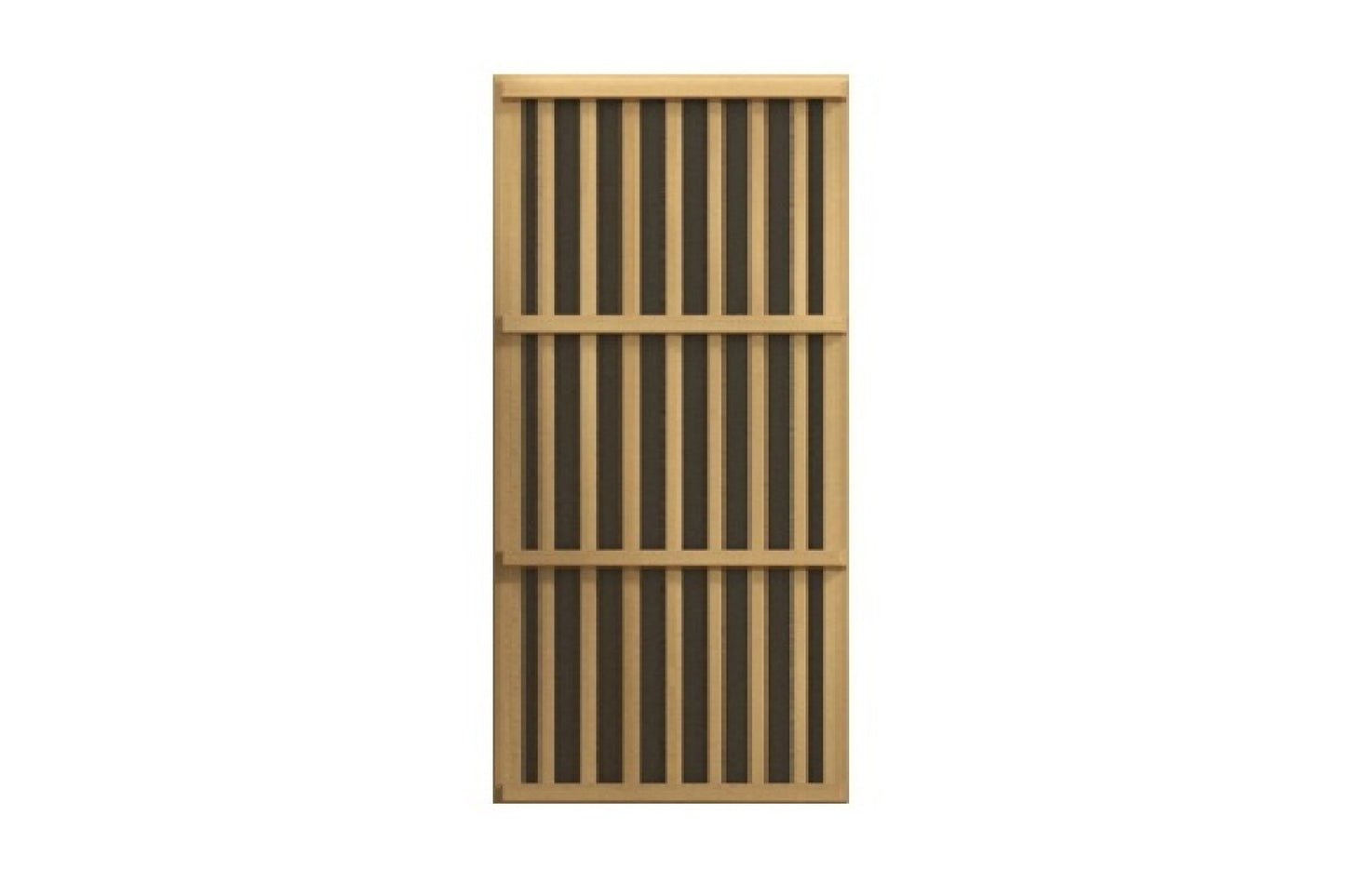 Natural wood sauna door with vertical slat design and three horizontal crossbars, on white background