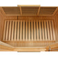 Overhead interior view of wooden sauna with slatted bench seating, ventilation grates, and metal handle visible