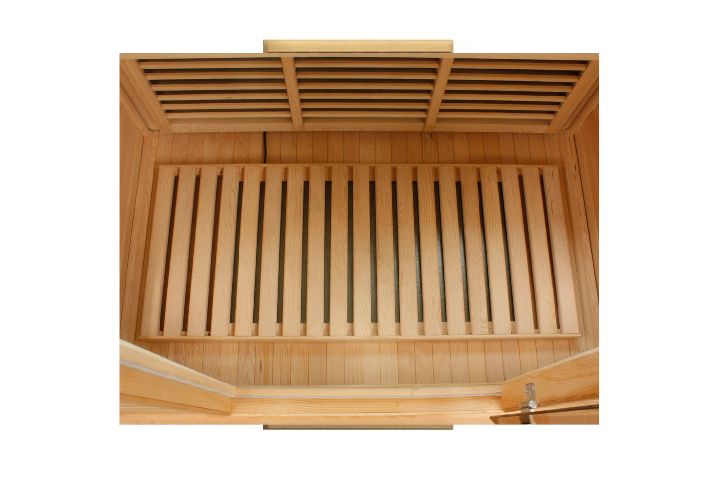 Overhead interior view of wooden sauna with slatted bench seating, ventilation grates, and metal handle visible