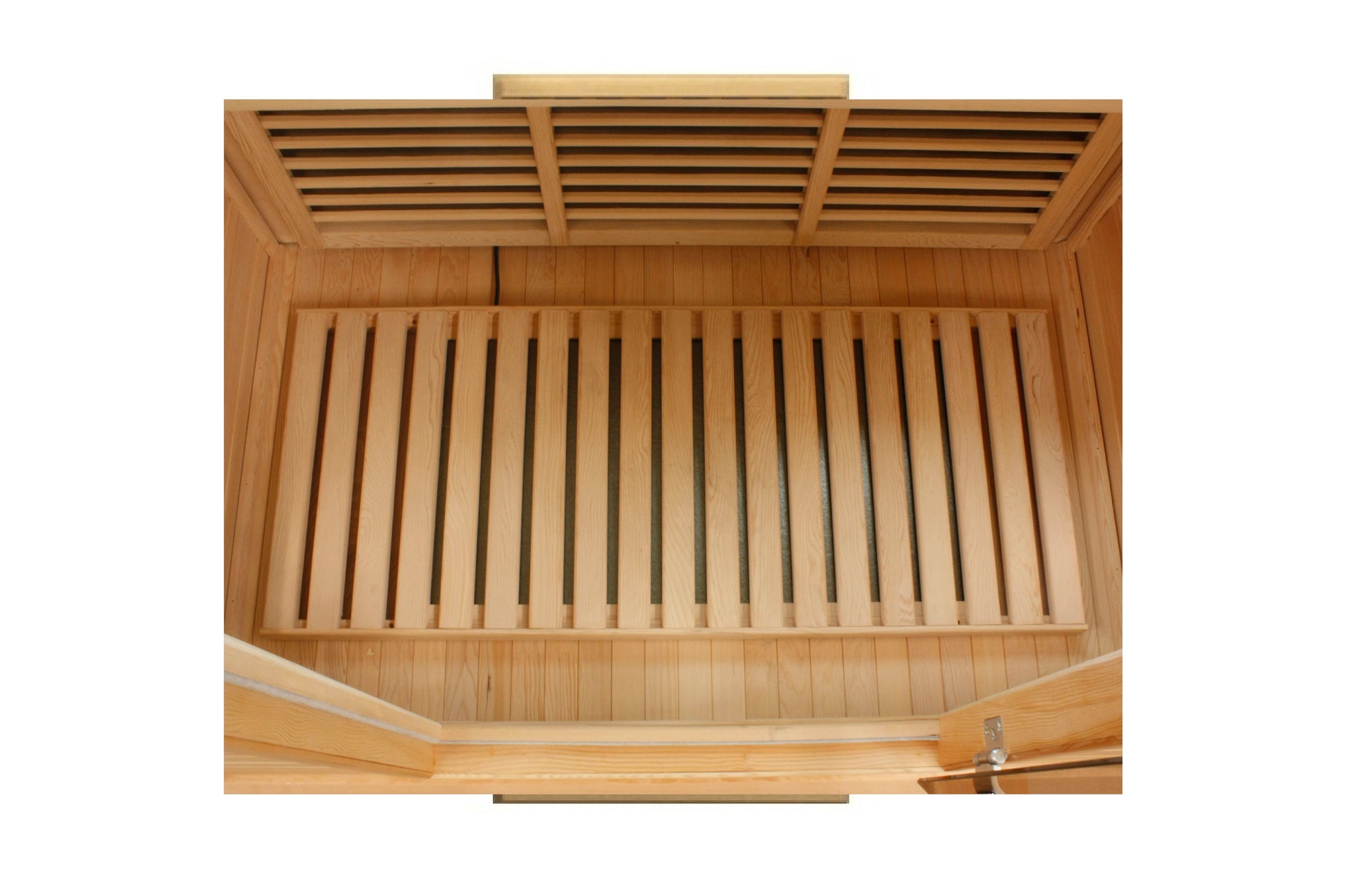 Overhead interior view of wooden sauna with slatted bench seating, ventilation grates, and metal handle visible