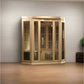 Light wood corner sauna with glass front doors, vertical slat venting panels, and interior bench seating against white wall o