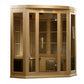 Maxxus 3-person corner sauna with light wood exterior, glass doors, and vertical slat interior panels on white background