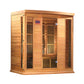 Cedar wood infrared sauna cabin with glass doors, carbon heaters, and digital control panel on white background