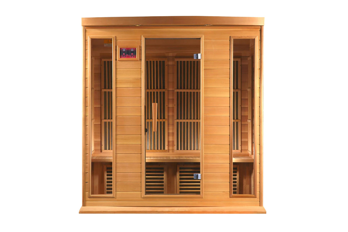Maxxus Montilemar Edition 3-person infrared sauna with cedar wood exterior, glass doors, and digital control panel on white b