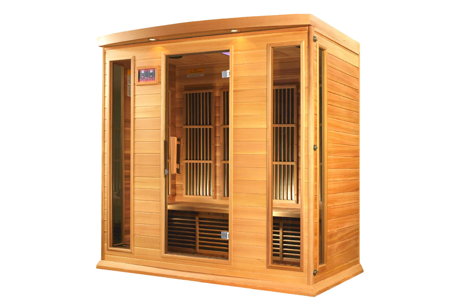 Natural cedar wood infrared sauna with glass front doors, digital control panel, and black carbon heaters visible inside on w