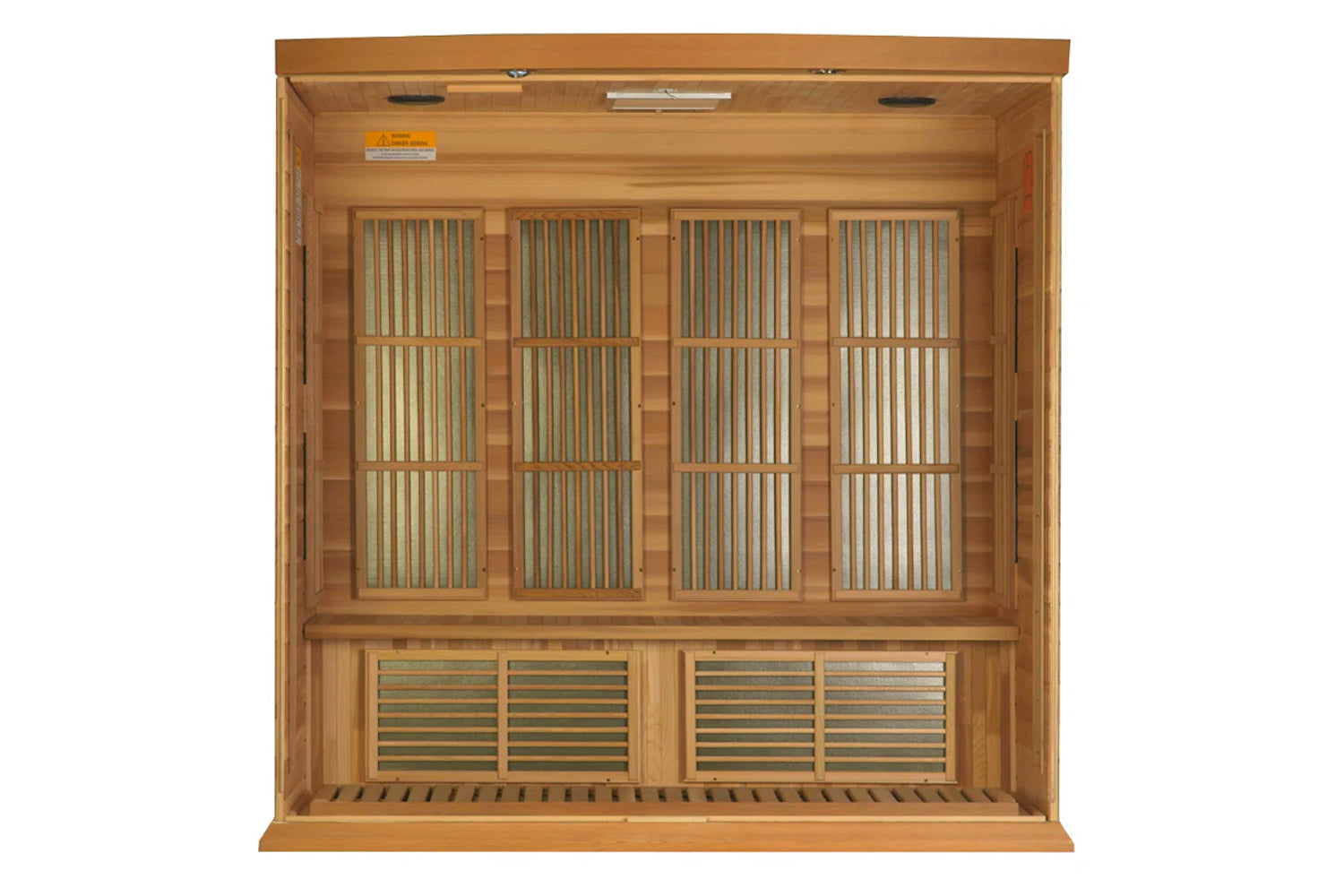 Maxxus Montilemar Edition 3-person sauna with wood cabinet, glass doors, and ventilation panels, viewed from front on white b