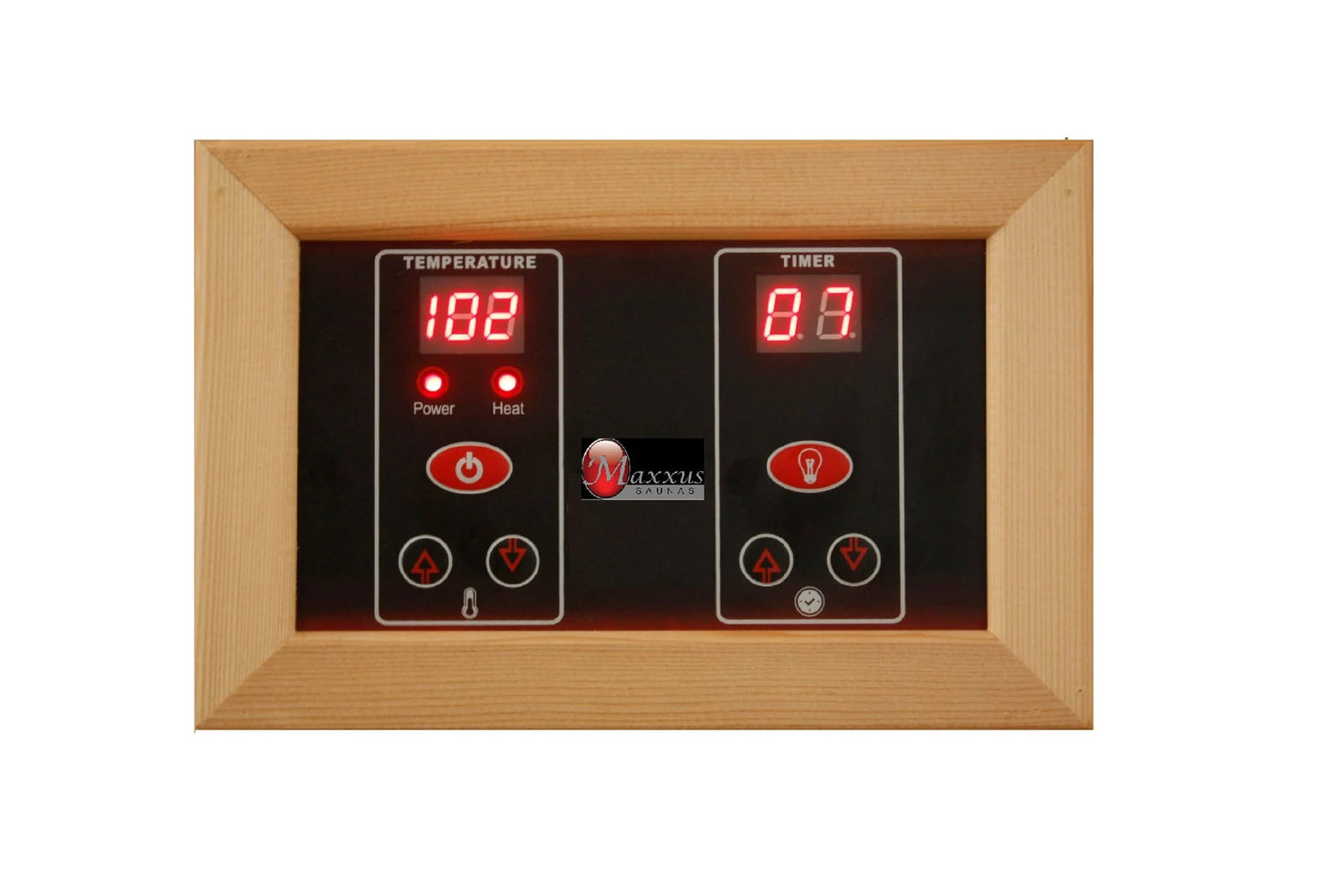 Digital control panel with natural wood frame, dual red LED displays showing temperature at 182 degrees and timer at 0 minute