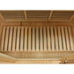 Interior view of wooden sauna showing slatted bench seating and ventilation grille ceiling