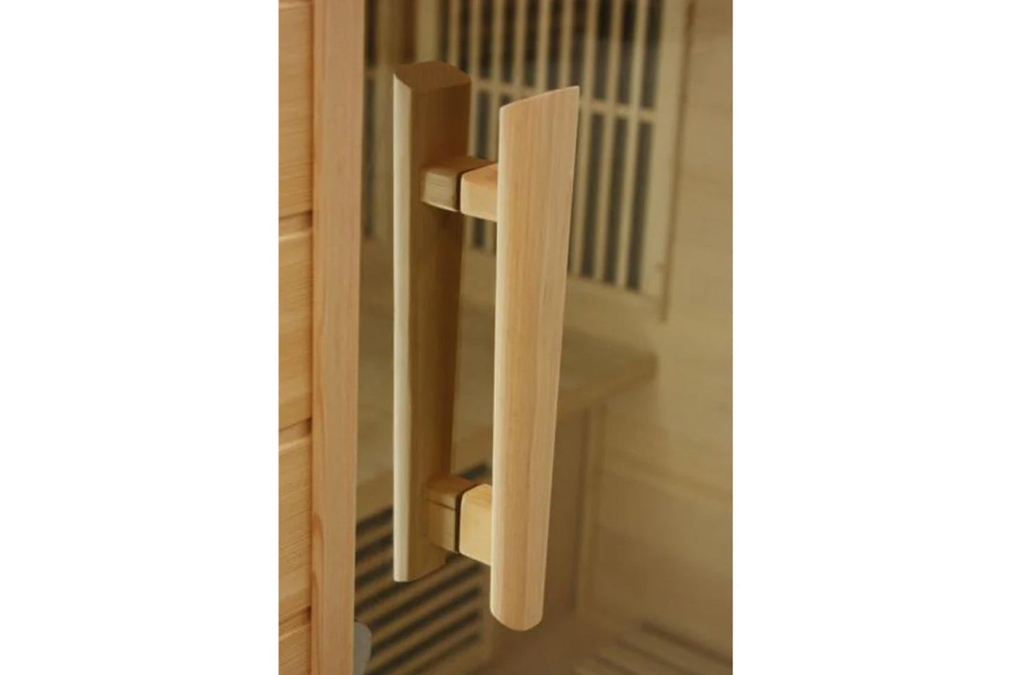 Natural wood cylindrical door handle on light wood sauna door frame