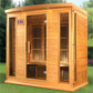 Natural cedar wood 3-person infrared sauna with glass doors, interior benches, and digital control panel in outdoor garden se