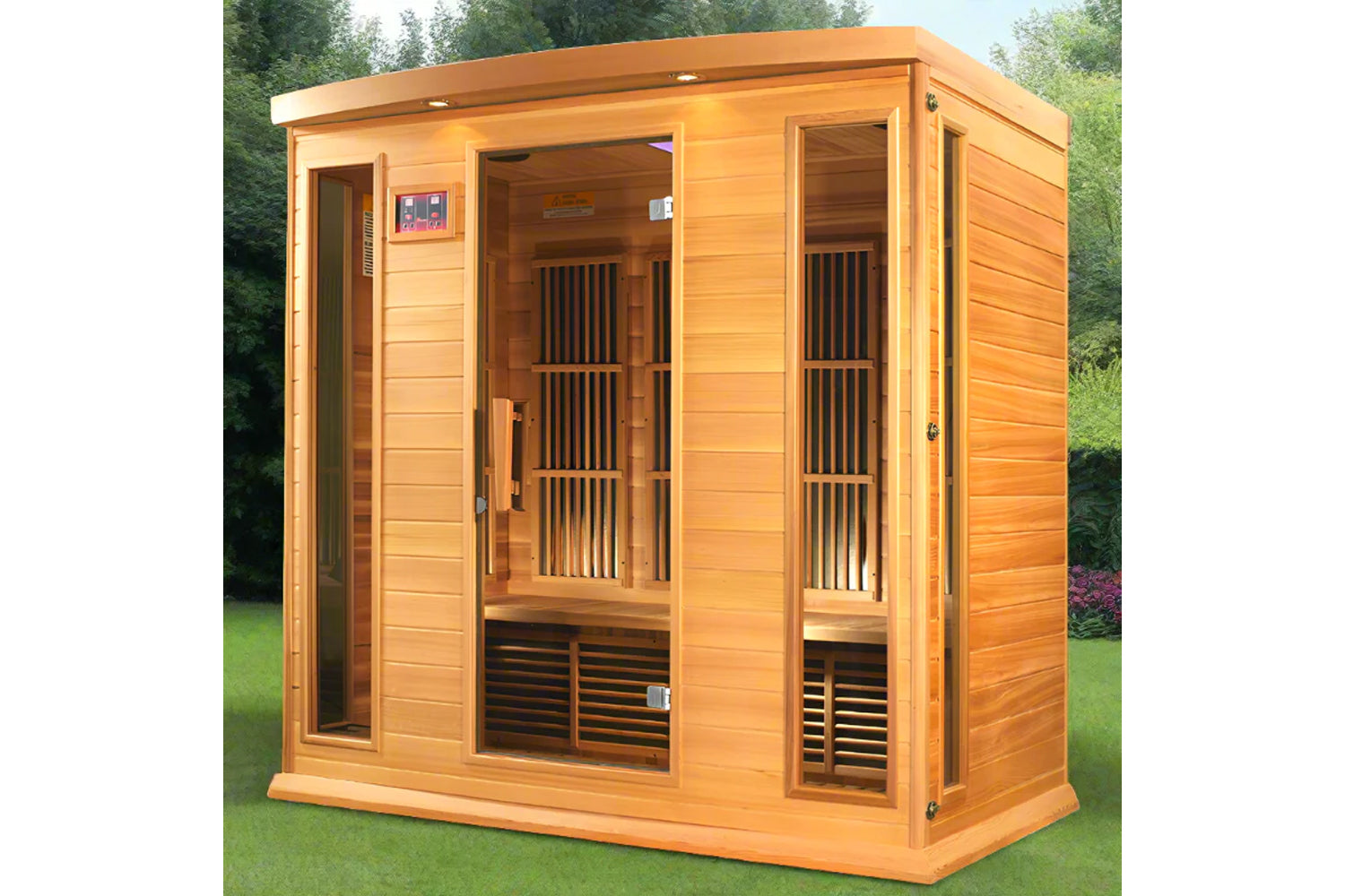 Natural cedar wood 3-person infrared sauna with glass doors, interior benches, and digital control panel in outdoor garden se
