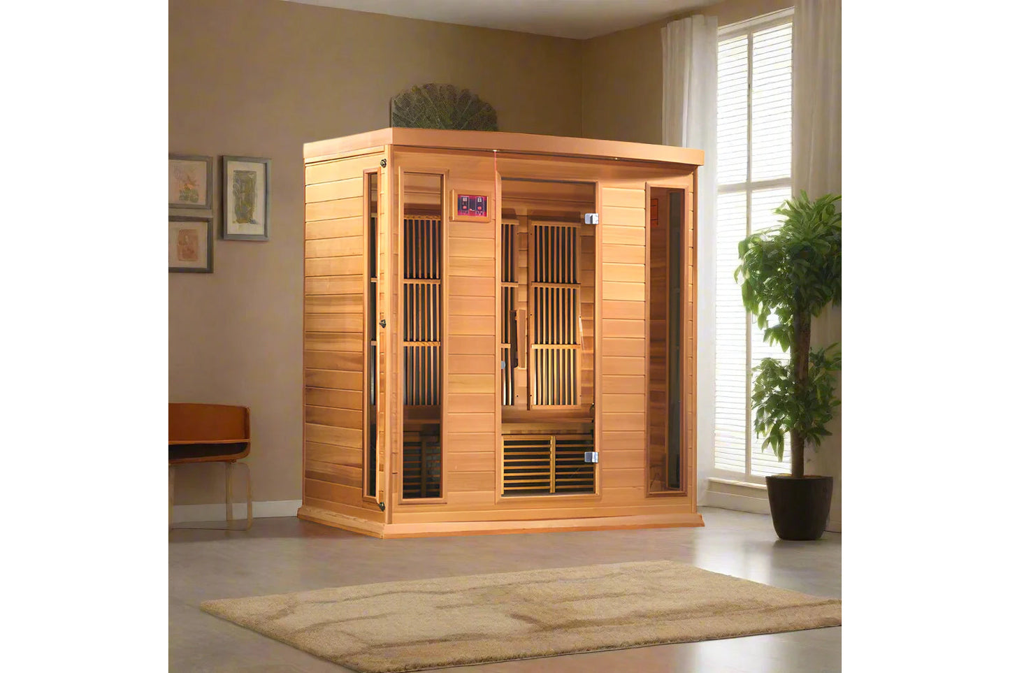 Cedar wood infrared sauna cabin with glass front doors and digital control panel, shown in home interior setting