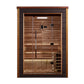 Golden Designs Narvik 2-person traditional sauna with cedar wood interior, glass doors, and dark wood exterior frame on white