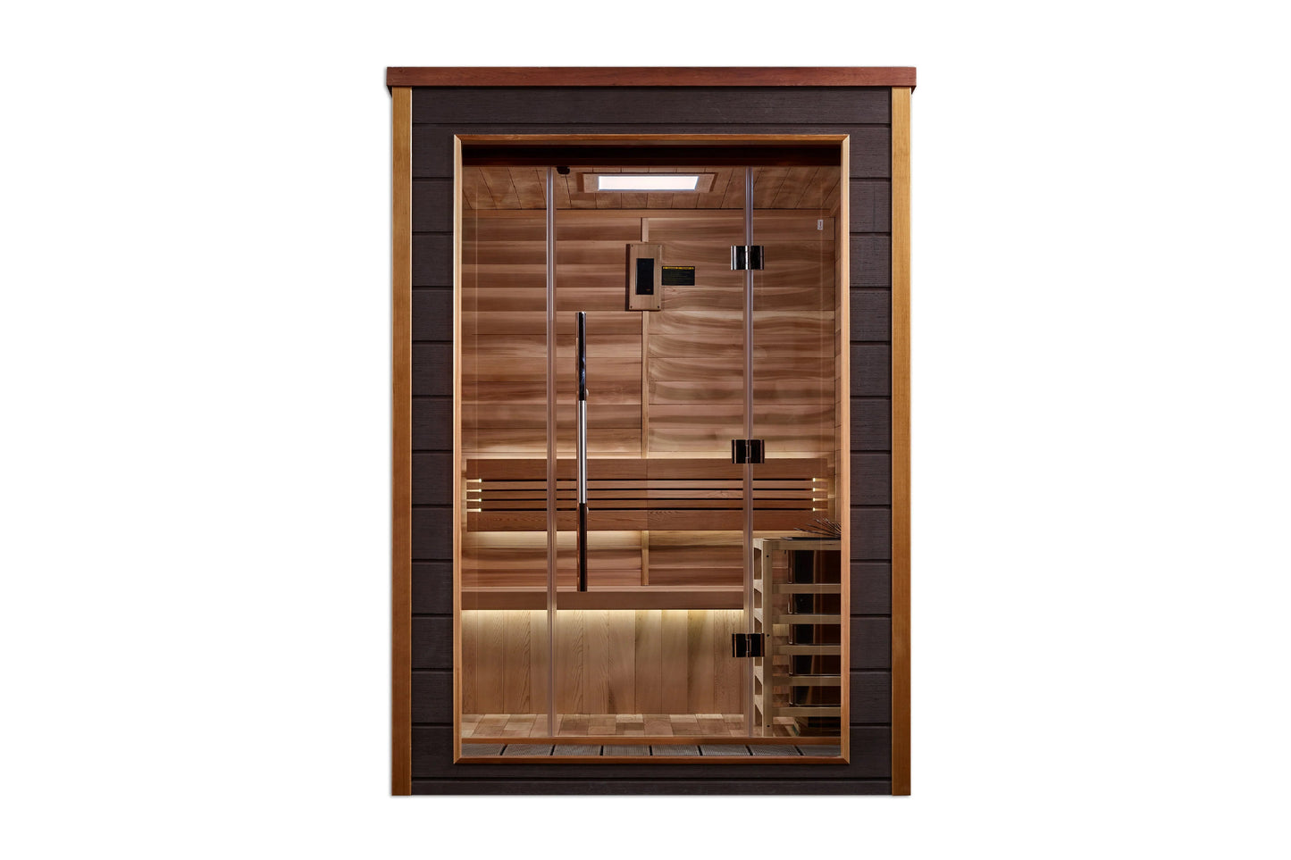 Golden Designs Narvik 2-person traditional sauna with cedar wood interior, glass doors, and dark wood exterior frame on white