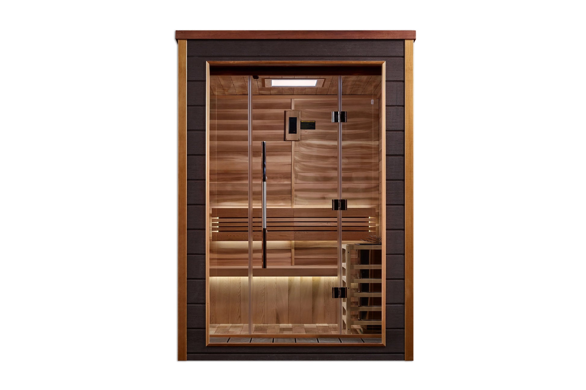 Golden Designs Narvik 2-person traditional sauna with cedar wood interior, glass doors, and dark wood exterior frame on white