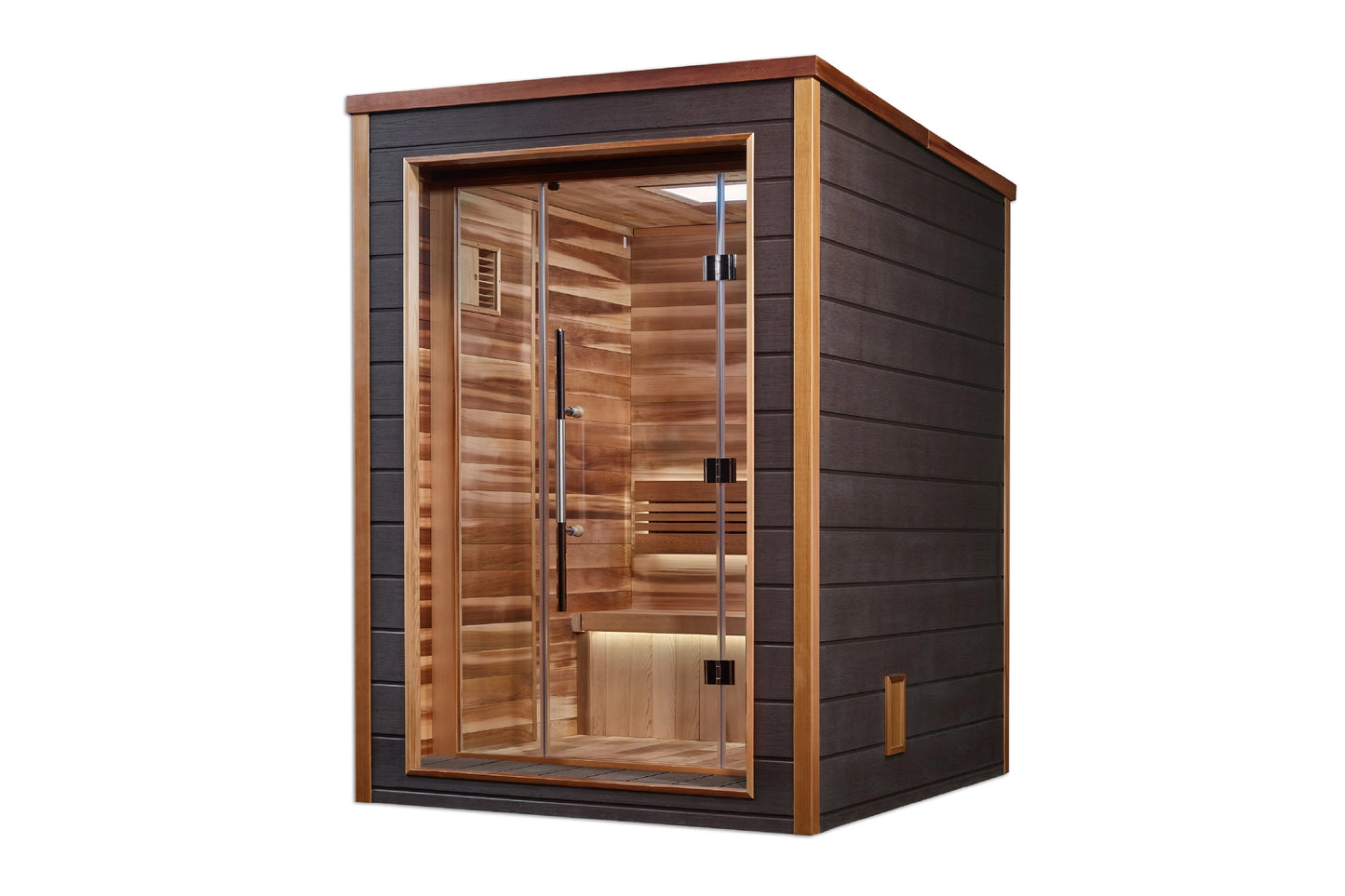 Modern sauna cabin with light cedar wood interior and dark exterior frame, glass door with black handles, bench seating, and 
