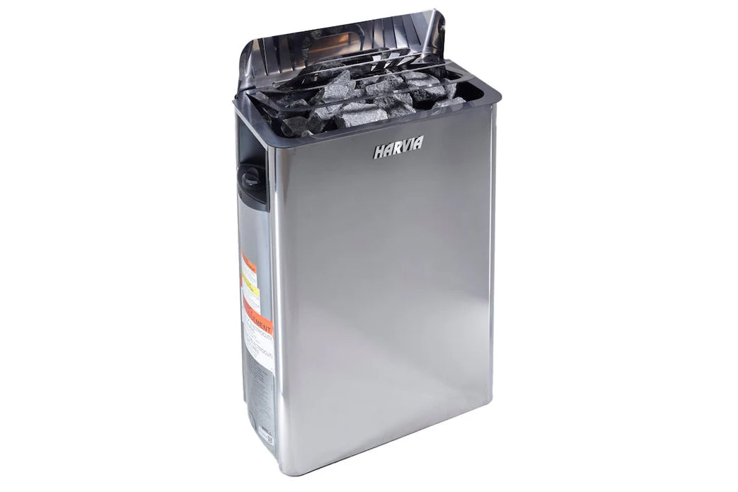 Harvia stainless steel sauna heater with black interior basin filled with stones and hinged lid, on white background
