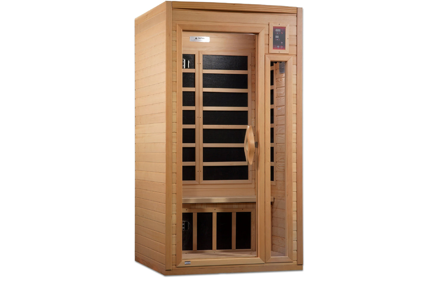 Golden Designs cedarwood infrared sauna with glass door, black interior panels, and digital control panel on right side, show