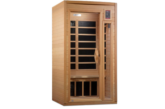 Golden Designs cedarwood infrared sauna with glass door, black interior panels, and digital control panel on right side, show