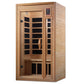 Golden Designs far infrared sauna with natural wood construction, black glass panels, digital control panel, and bench seatin